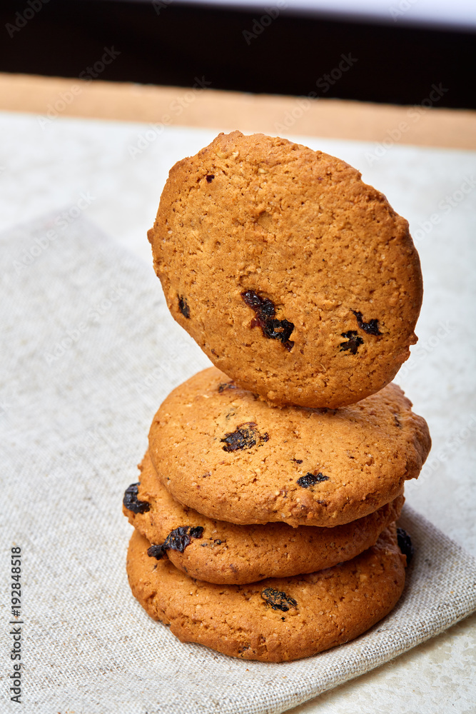 Chocolate chips cookies isolated on light background, macro, close-up, shallow depth of field, selective focus