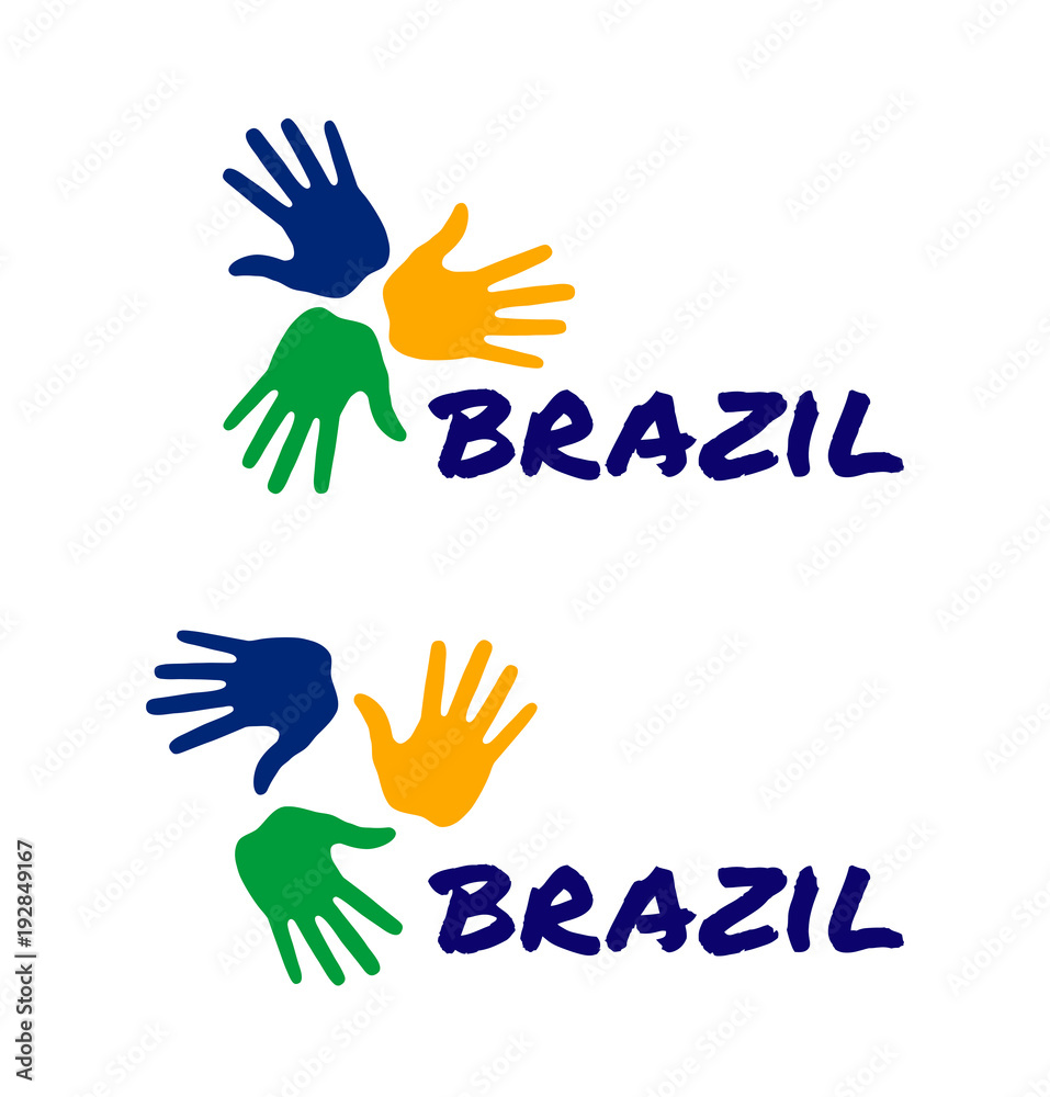 Obraz premium Colorful three hand print icon using Brazil flag colors. Vector illustration.