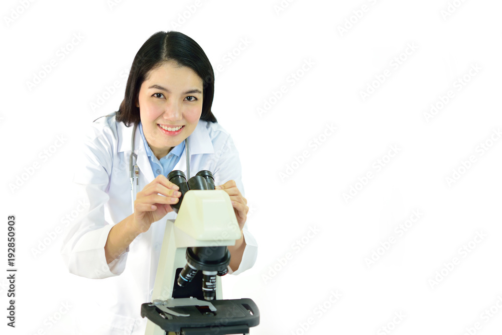 Asian female doctor working with microscope, white background
Asian female doctor working with microscope, white background