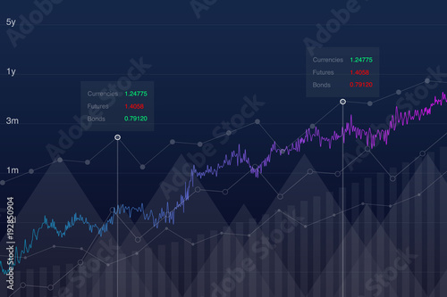 Stock chart trading graph idea, vector illustration. Neon market growth graph, analysis tools conceptual background. Investment monitor diagram, stock data.