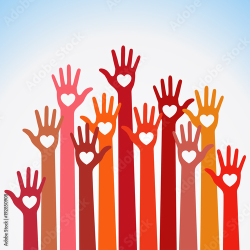 Warm colors colorful caring up hands hearts vector logo. Volunteers heart hands up vector emblem. Vector hands icon illustration. Education, Health Care, Medical, Volunteer, Vote Design Element. 