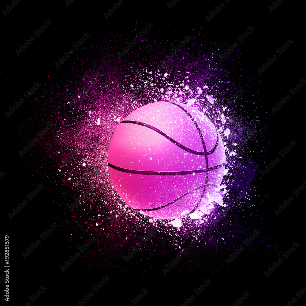 Basketball Ball flying in violet particles isolated on black background. Sport competition concept for basketball tournament poster, placard, card or banner.
