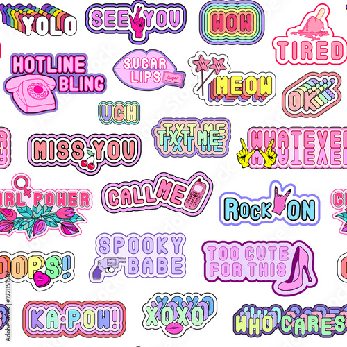 Seamless pattern with patches, words (lol, yolo, meow, xoxo, whatever, etc.) and various elements (lips, hearts, rainbows, cell phones, high heel shoes, etc). White background.