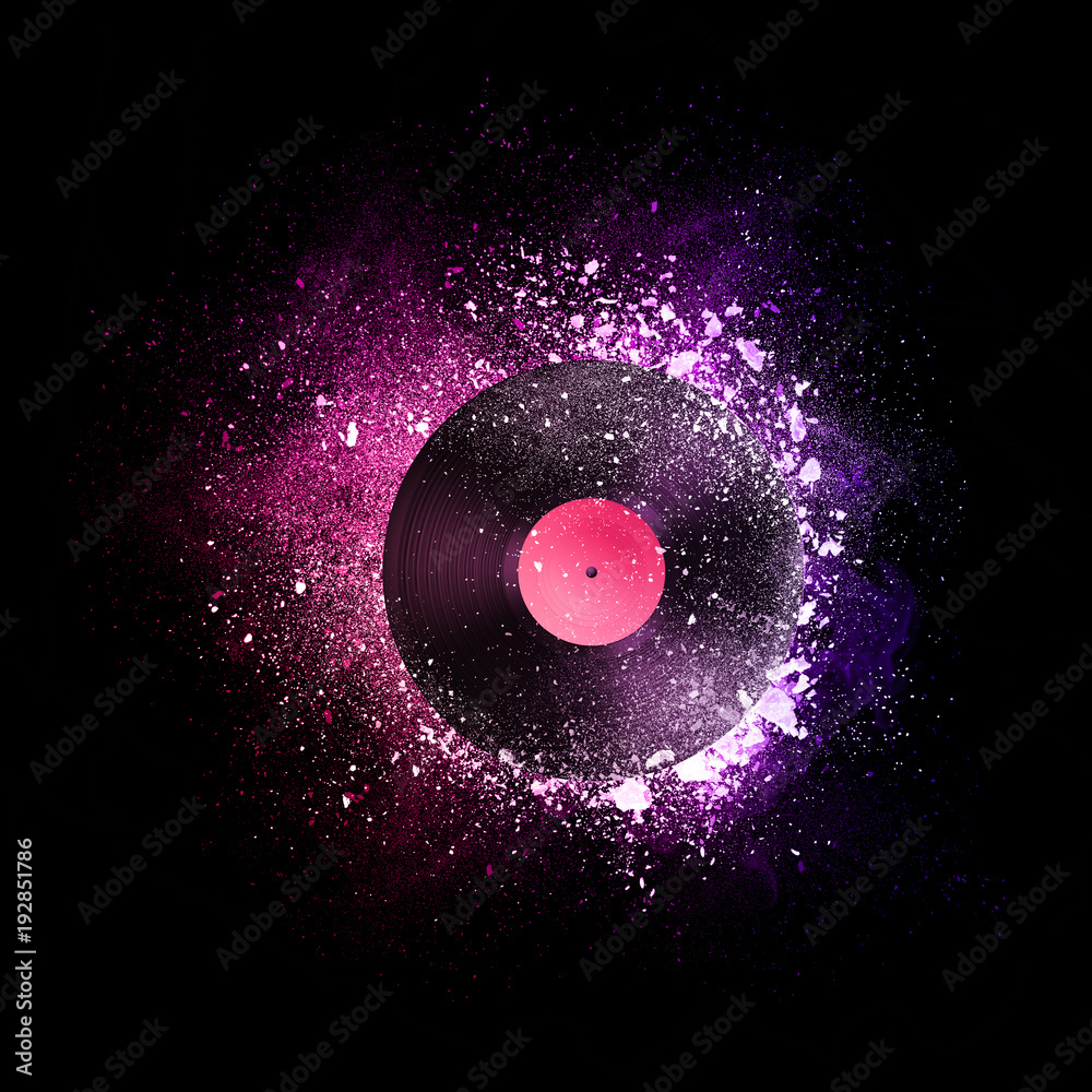 Vinyl record flying in violet particles isolated on black background. Music  DJ concept for party poster, placard, card or banner. Stock Illustration |  Adobe Stock