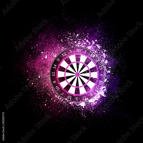 Obraz na plátně Darts board flying in violet particles isolated on black background