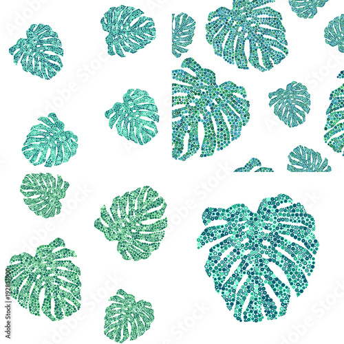 Set of seamless patterns of tropical monstera leaves. Green palm leaves on white backgrounds. Vector illustrations. Jungle tropical foliage.