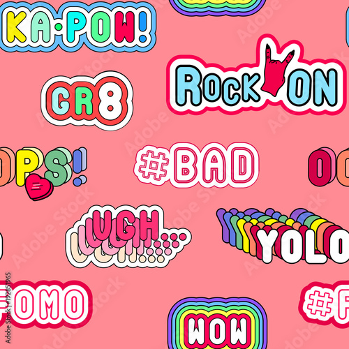 Seamless pattern with fashion patches with slang phrases and words: YOLO, Oops, #Fomo, Ugh, Rock on, #Bad, Kapow! Quirky cartoon comic style of 80s-90s. Red background.