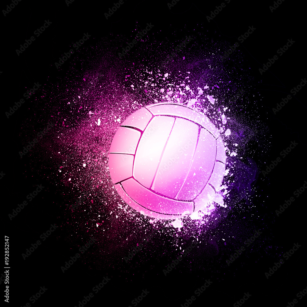 Volleyball Ball flying in violet particles isolated on black background ...