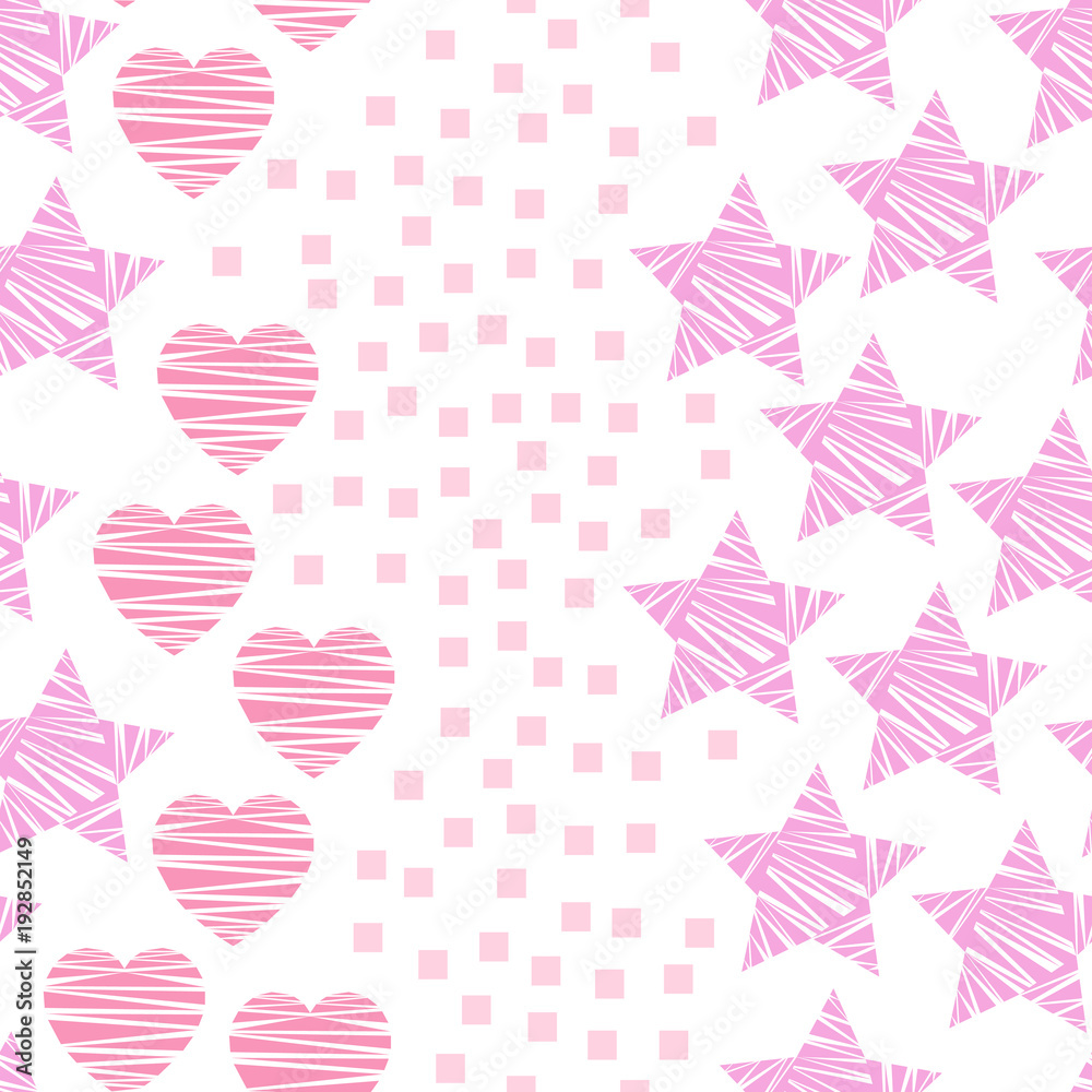 Pink hearts and stars valentine’s day seamless pattern. Hand drawn doodle elements vector illustration for textile, wrapping, wallpapers, etc. White background. Pink hearts and stars valentine’s day seamless pattern. Hand drawn doodle elements vector illustration for textile, wrapping, wallpapers, etc. White background.