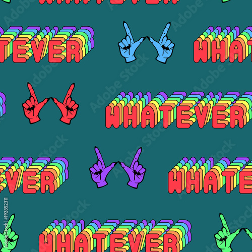 Quirky seamless pattern with comic-style phrase "Whatever" and colorful hand gestures. Fashion patches isolated on green background. Cartoon 80s-90s style.