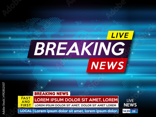 Background screen saver on breaking news. Breaking news live on blue technology background and world map. Vector illustration.