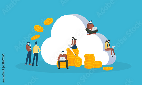 Cryptocurrency cloud mining. Flat design style web banner of blockchain technology, bitcoin, altcoins, cryptocurrency mining, finance, digital money market, cryptocoin wallet, crypto exchange. 