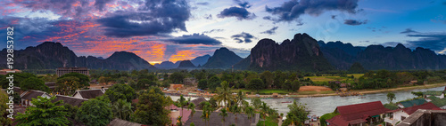 Landspace view panorama at Sunset in Vang Vieng, Laos.
