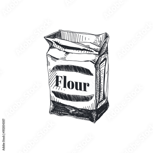 Beautiful vector hand drawn Flour in paper carton Illustration.