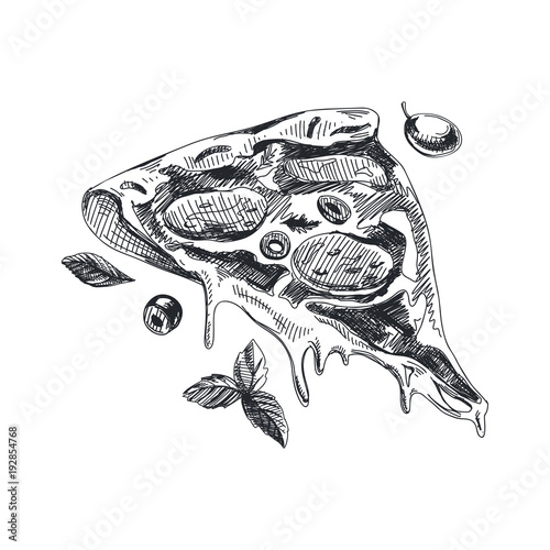 Beautiful vector hand drawn piece of pizza Illustration. 