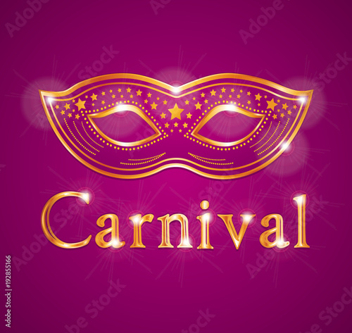 Beautiful vector Carnival illustration with venetian mask. Purpple pink and gold.