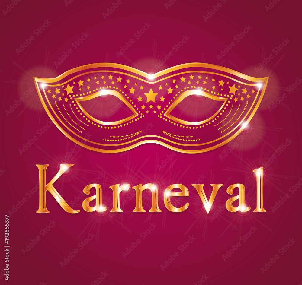 Beautiful vector Carnival illustration with venetian mask. Red and gold. German text.