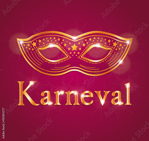 Beautiful vector Carnival illustration with venetian mask. Red and gold. German text.