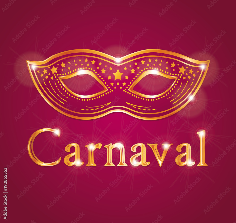 Fototapeta premium Beautiful vector Carnival illustration with venetian mask. Red and gold. French or spanish text.