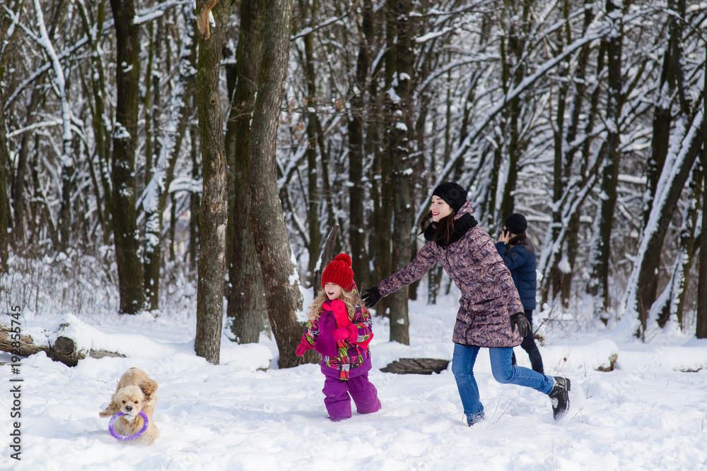 Family run in snow after their dog with purple toy