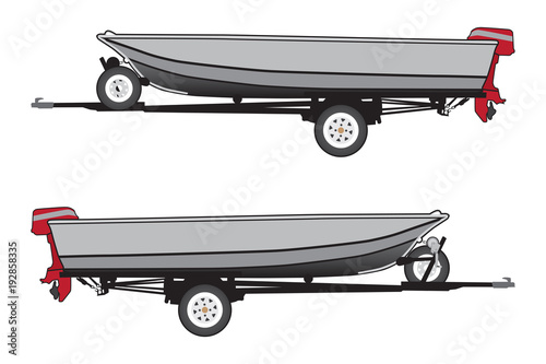 An aluminum boat with a red outboard motor is strapped to a trailer