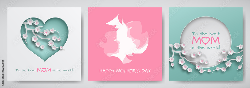 Fototapeta premium Set of green and pink greeting card for mother's day. Women and baby silhouettes with congratulations text, cuted heart decorated cherry flowers, paper cut style. Vector illustration, layers isolated