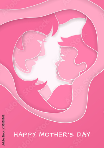 Vertical banner for mother's day with congratulation text. Cut out paper shape with mother and her baby silhouettes on pink background, paper cut out art style. Vector illustration, layers isolated