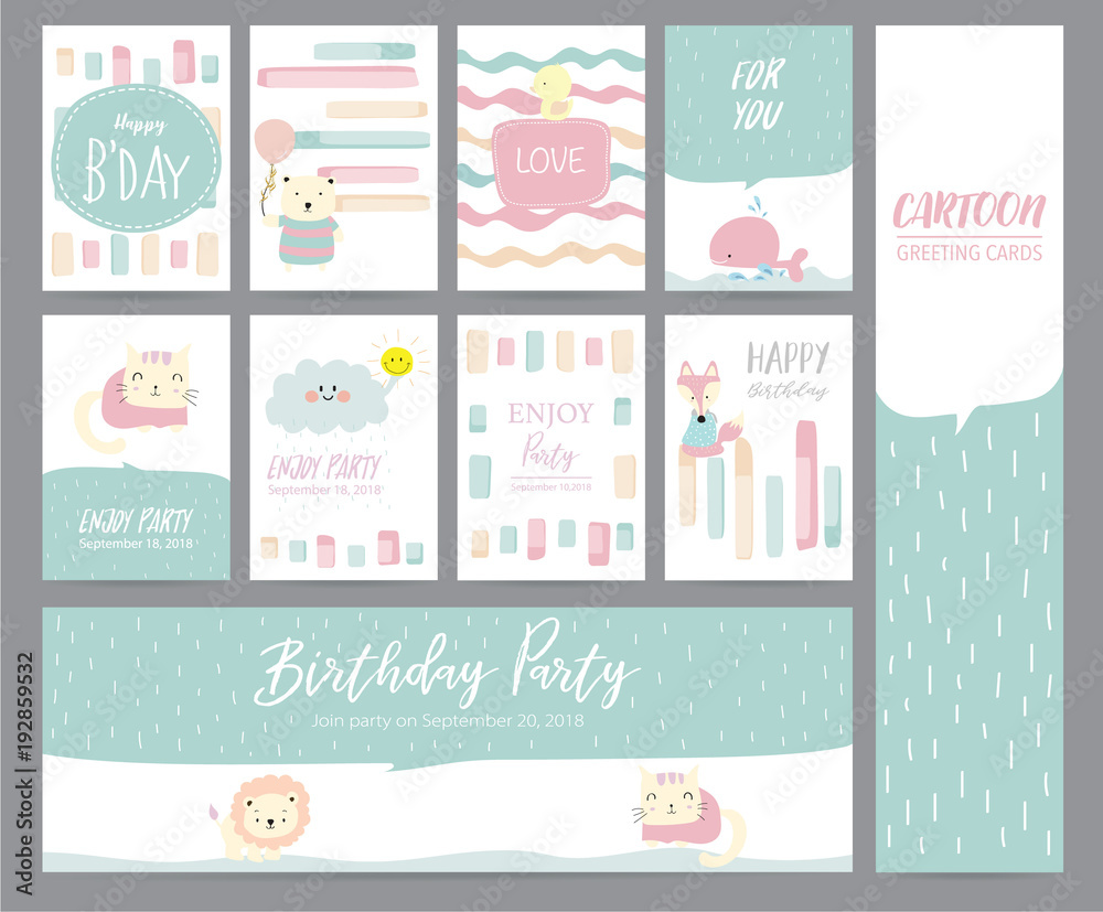 Green pink pastel greeting card with cat,rabbit,duck,whale,fox,cat and cloud Green pink pastel greeting card with cat,rabbit,duck,whale,fox,cat and cloud