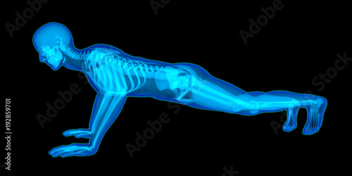 Very detailed translucent body of a man doing a push up