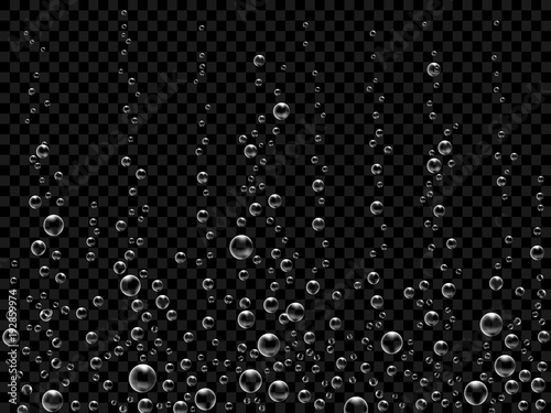 Fizzing air bubbles on black background. Underwater oxygen texture of water or drink. Fizzy bubbles in soda water, champagne, sparkling wine, lemonade, aquarium, sea, ocean. Realistic 3d illustration.