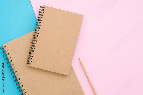Creative flat lay photo of workspace desk. Top view office desk with open mock up notebooks and pencil and plant on pastel color background. Top view with copy space, flat lay photography.