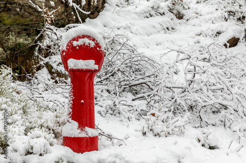 Red fire hydrant covered in snow. Picture taken in winter, snow on the ground. photo