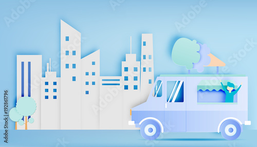 Ice cream food truck in paper art digital craft style and pastel color scheme