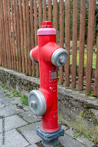 Fototapeta Naklejka Na Ścianę i Meble -  A Red water hydrant in the middle of the footpath