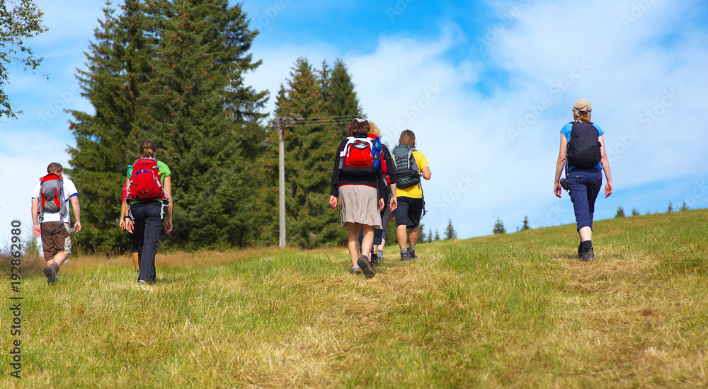 Fototapeta premium Group of tourists walking on the meadow