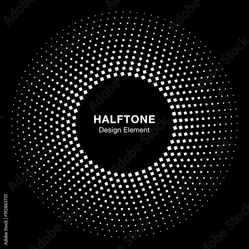 White Abstract Vector Circle Frame Halftone Dots Square Logo Icon Design Element for medical treatment, cosmetic on black background. Halftone circle emblem. Vector illustration