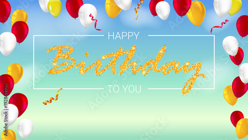 Photography Happy Birthday poster with shiny colored balloons with golden, glitter lettering and frame