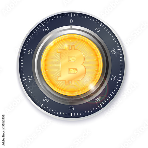 Safe lock with crypto currency coin of bitcoin. Realistic metallic combination lock for safety illustration. Concept of security digital money, isolated on white.
