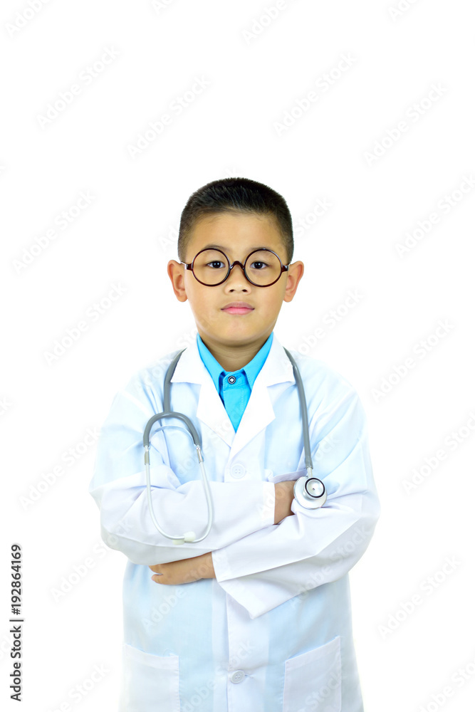 Portrait of Asian boy doctor on white background
