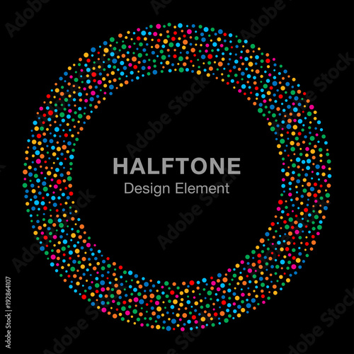 Abstract Rainbow Bright Celebration Holiday Circle Frame on Black Background. Birthday confetti rounds. Circle Logo Design Element. Vector illustration.