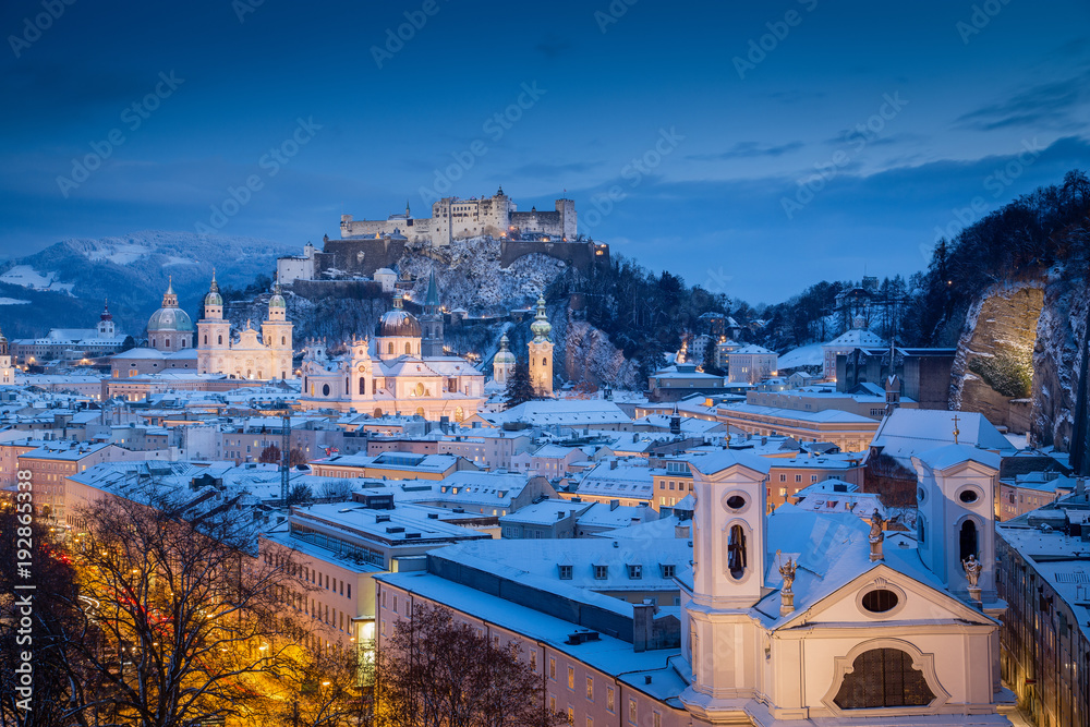 Twilight view of Salzburg in winter, Salzburger Land, Austria