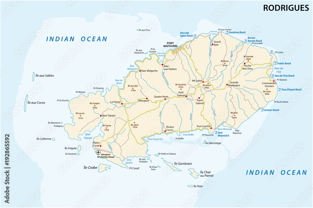 Rodrigues island road and beach vector map