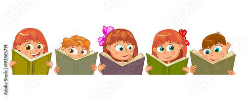 Little children read books. Children with books on a white background