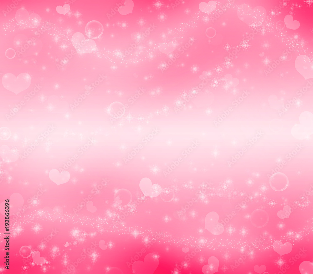 Paradise pink Valentine`s Day background with hearts, glittery and bubbles.