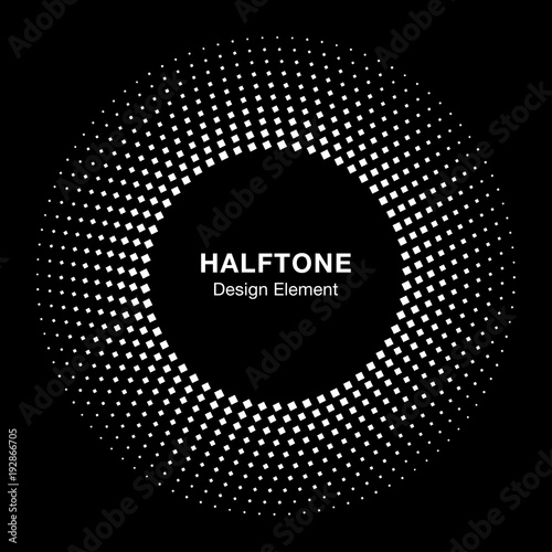 Halftone Circle Frame Dots  Logo Icon Design Element for medical treatment, cosmetic on black background. Halftone circle emblem. Vector illustration.