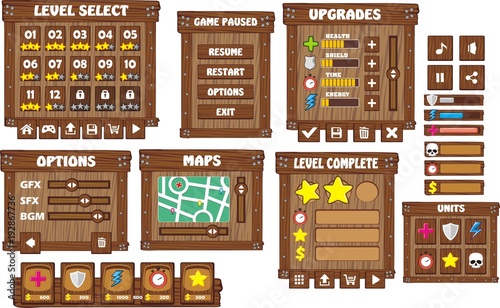 Game User Interface in cartoon style with basic buttons and functions, status bar, for creating game