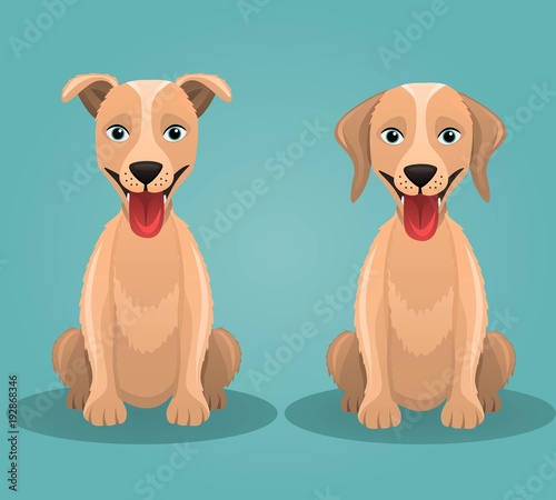 Set of 2 funny and cute vector dogs or puppy isolated on blue background.Vector illustration