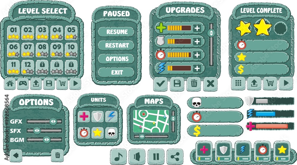 Game User Interface in cartoon style with basic buttons and functions, status bar, for creating game