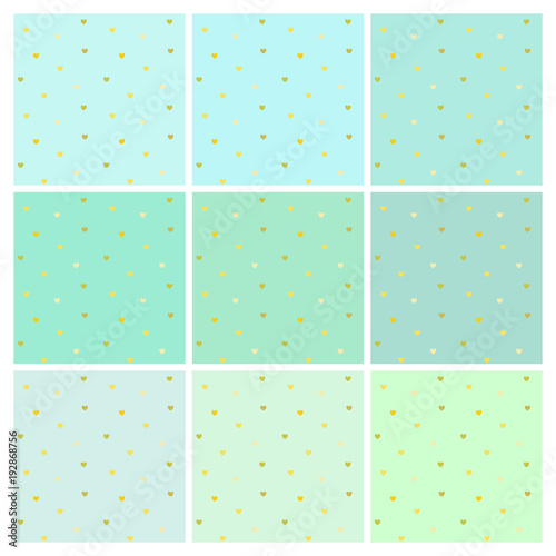 Set of mint vector green backgrounds with small Golden hearts