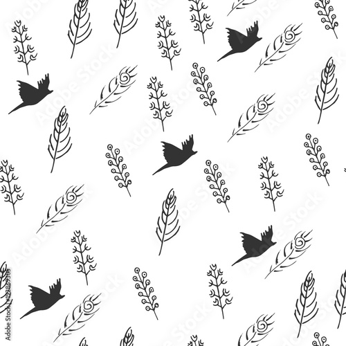 Vector illustration of black and white feather and birds pattern in hand drawn style.